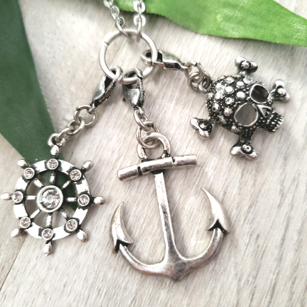 NEW Nautical Anchor Skull Charm Necklace & Earrings Set